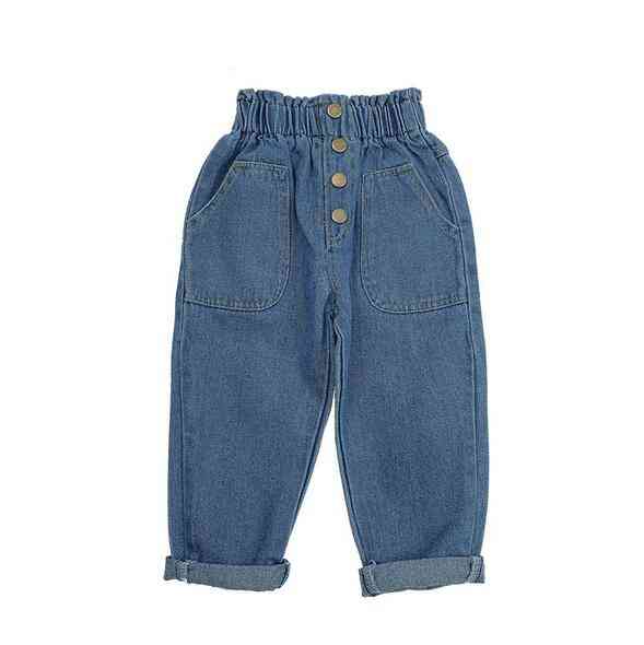 Dětské džínové kalhoty, pevné, vysoký pas se zapínáním na knoflíky