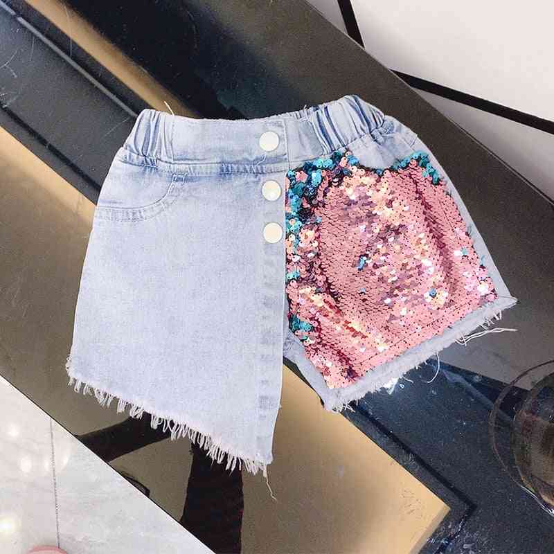 летни момичета дънки бебе деца дънкови къси панталони- детски долнища улично облекло, моден пластир с пайети неправилен 3 до 8 години