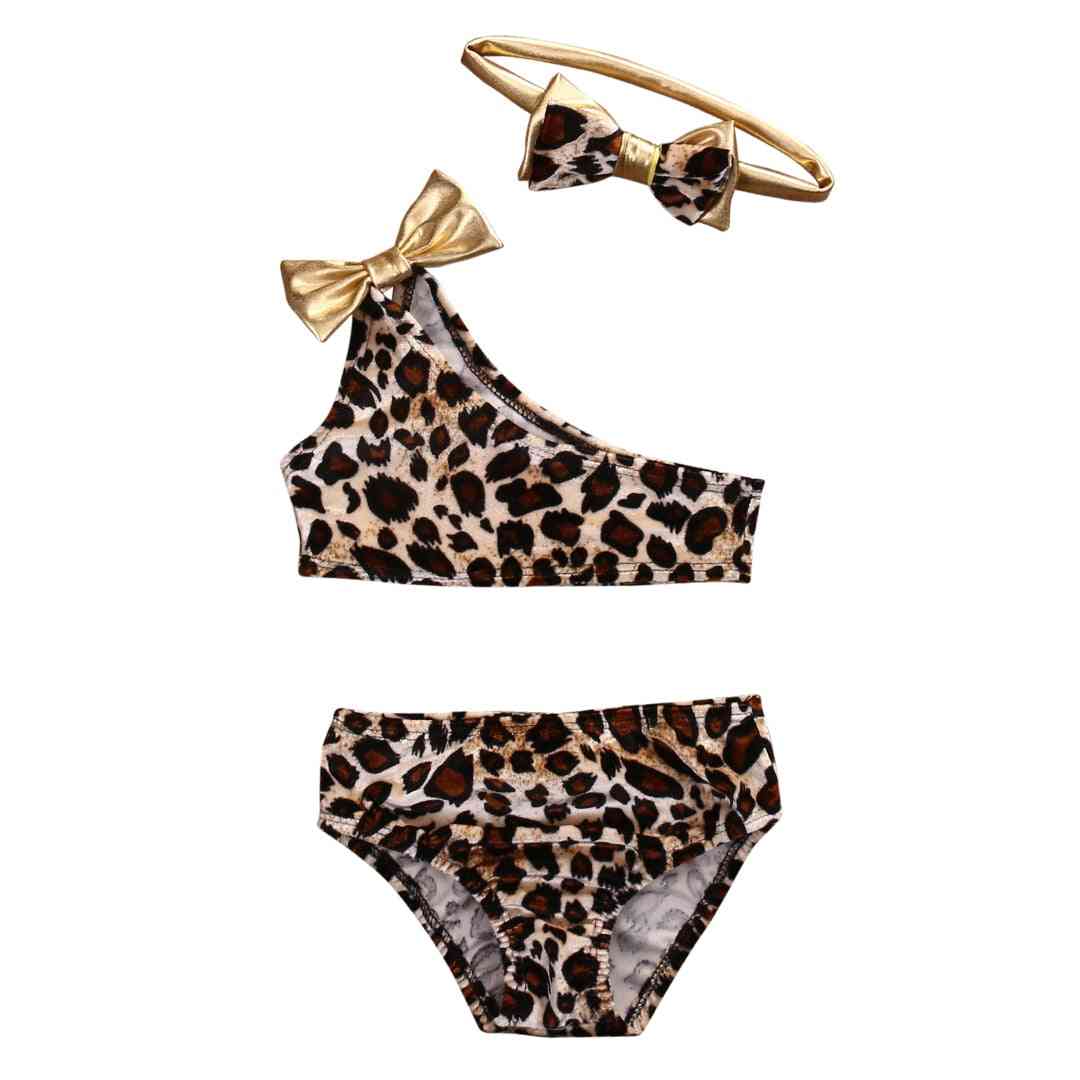 Leopard Bow Baby Clothes Set, Summer Girl Swimwear Bathing Suit