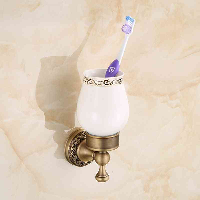 Coppe doppie per spazzolino da denti e dentifricio, collezione bagno hotel, ottone massiccio / materiale ceramica, finiture bronzo antico