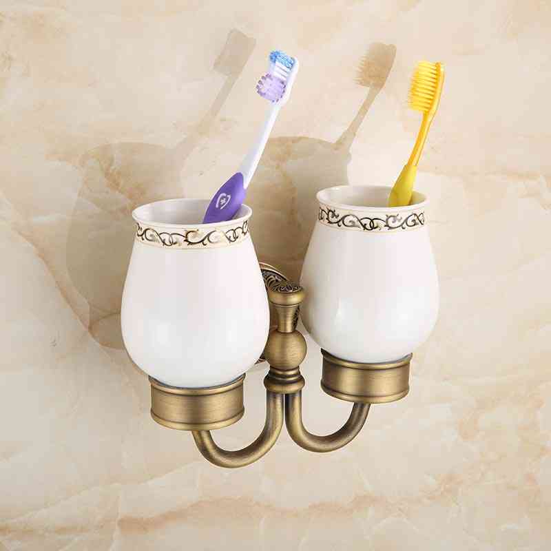 Dubbele kopjes voor tandenborstel en tandpasta, hotelbadkamercollectie, massief messing / keramisch materiaal, antiek bronzen afwerkingen