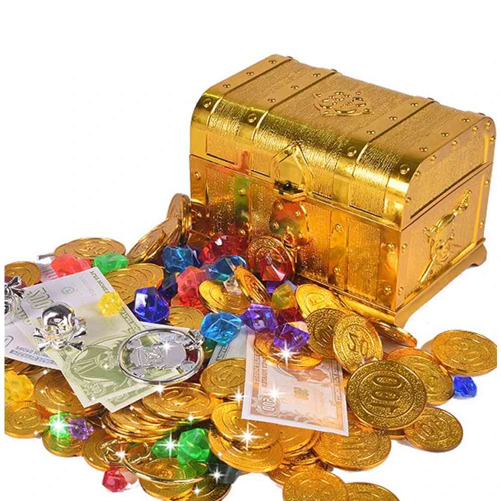 Plastic Gold Treasure Coins, Captain Pirate Party Chest, Child Toy