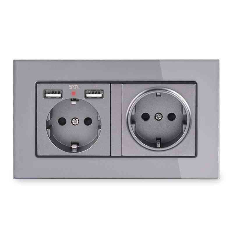 2-voudig EU-standaard stopcontact met 2 USB-oplaadpoort verborgen zachte LED-indicator glazen paneel - wit / 110-250V / EU