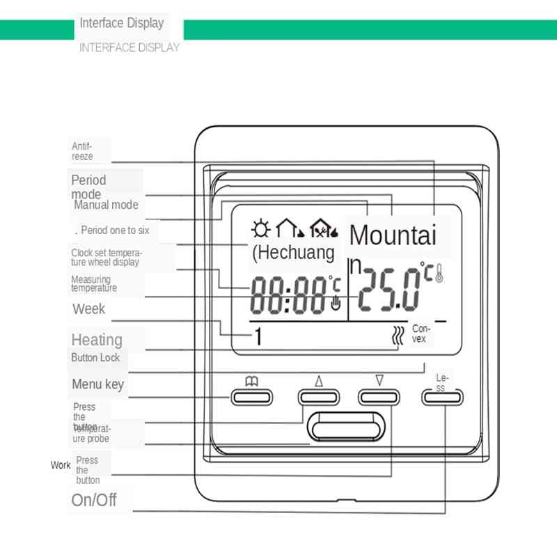 220 V-os színes LCD képernyős programozható hőmérséklet-szabályozó, elektromos padlófűtéses termosztát (e51.716)