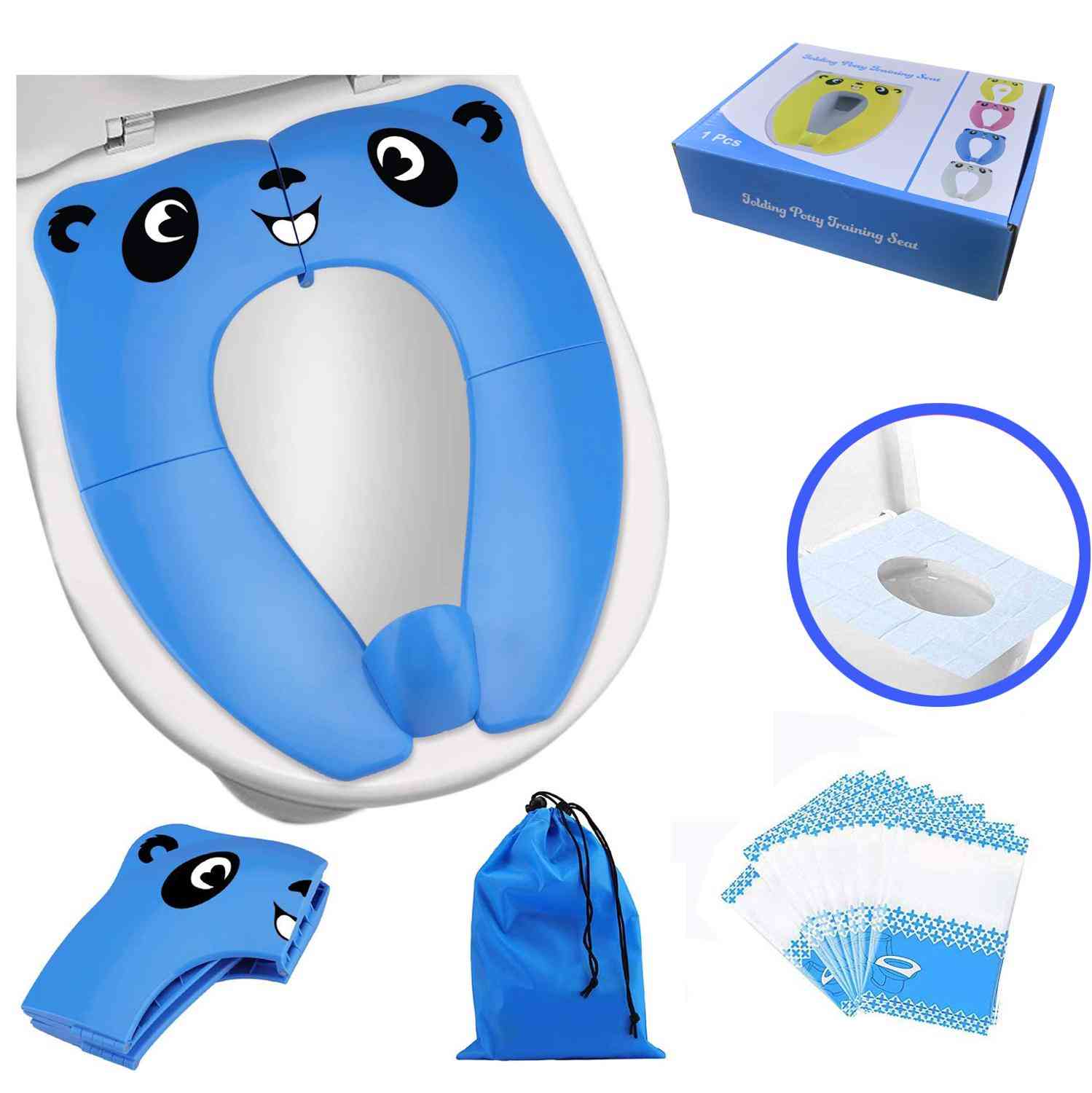 Scaun de antrenament portabil pentru toaletă, material pp pentru copii mici cu geantă de transport și pachete de 10 huse de unică folosință (albastru)