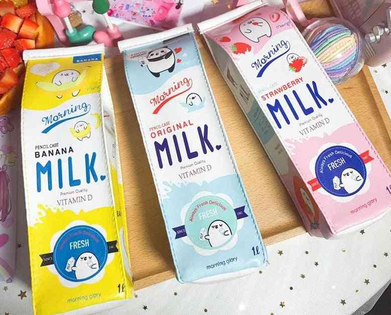Söt korea kawaii pennväska för flickor, pojkar, läder mjölkpennask