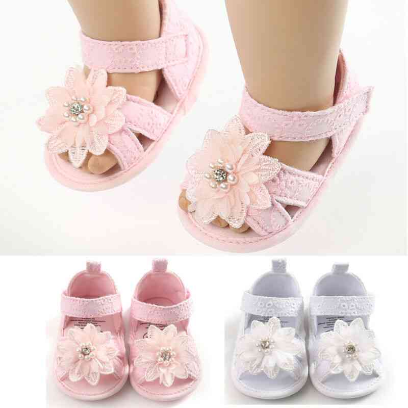 Baby Girl Bow Sandals, Flat Heels Toddler Kids Summer Party Wedding Flower Pearls Sandals Shoes - Pink / 0-6 miesięcy