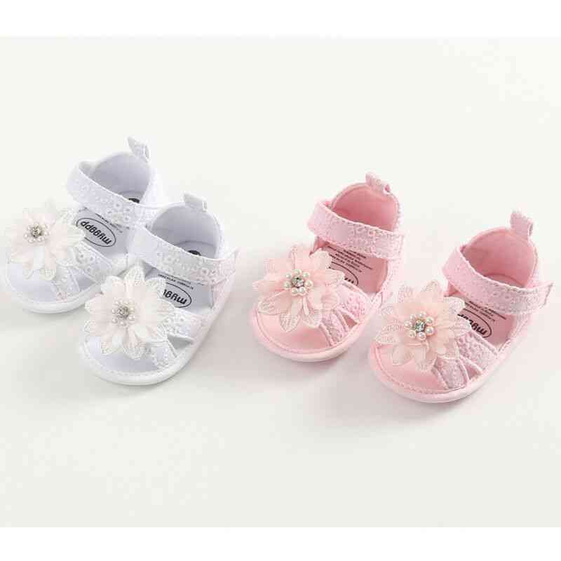 Sandali con fiocco per bambina, tacchi piatti per bambini per bambini estate festa matrimonio fiore perle sandali scarpe - rosa / 0-6 mesi