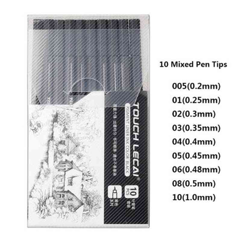 Pigmentfodral, mikronbläck, tuschborste för finelinerskiss, mangateckningspen (10 blandade pennspetsar) -