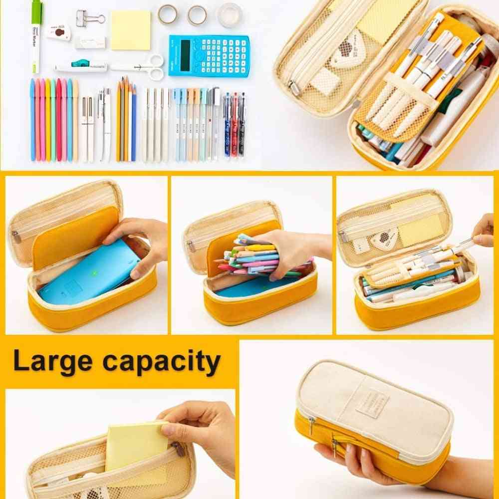 Pencil Case, Canvas Stretch, Double-layer, Large Capacity Box