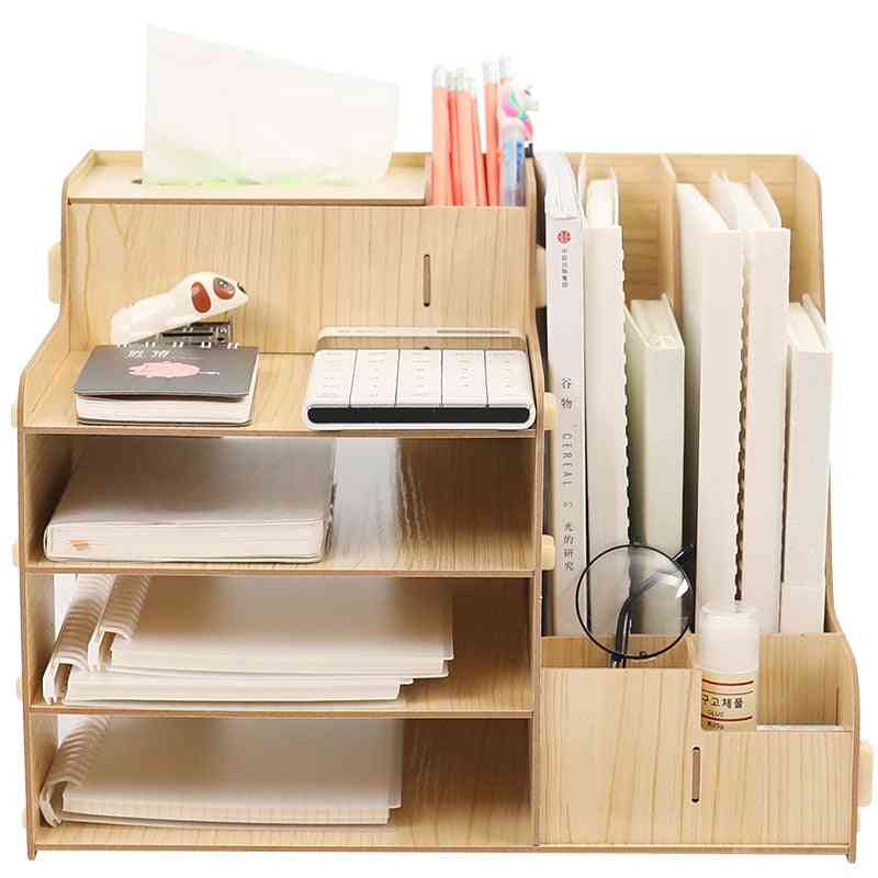 File Sorter 4-tier Wooden File-document Organizer, A4 Rack With Pen-holder