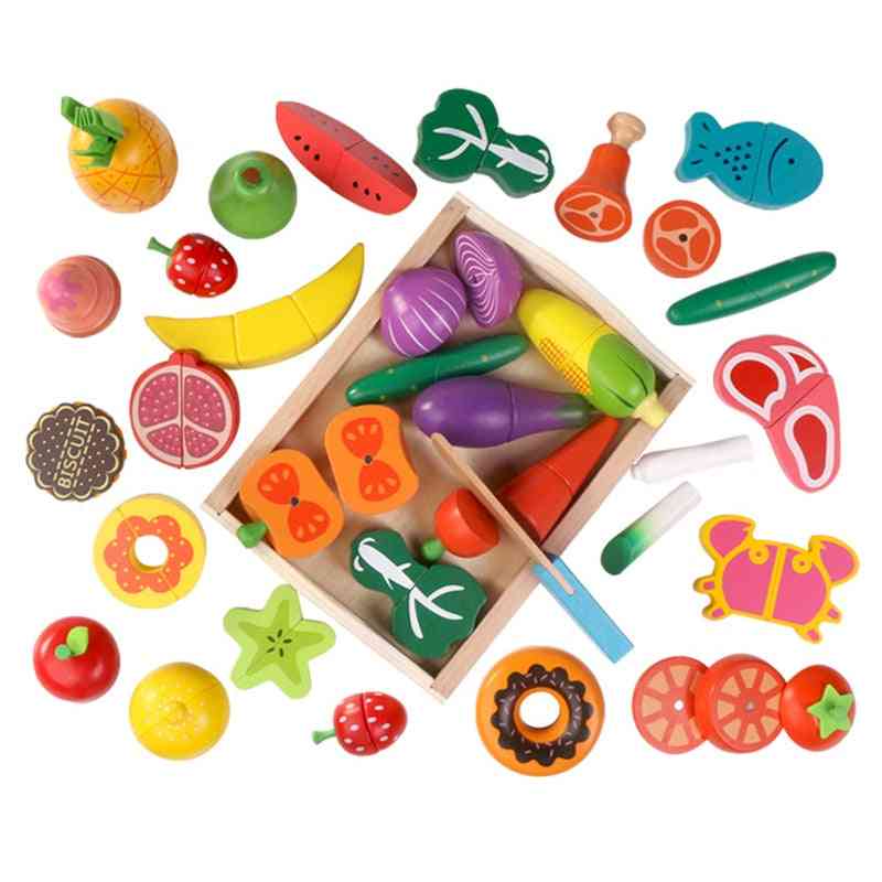Kinderküchenspielzeug, hölzernes magnetisch geschnittenes Obstgemüse, Dessert montessori Lernspielzeuggeschenk für Mädchen, Jungen