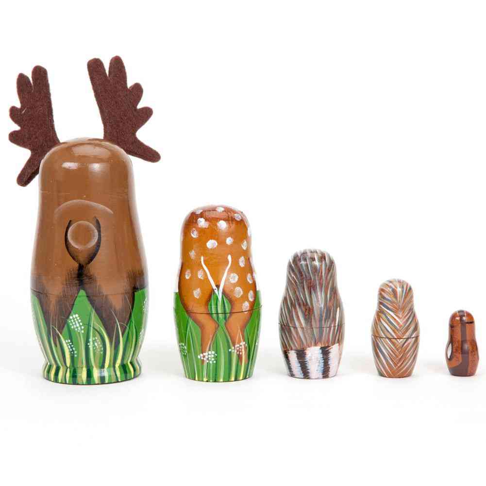 Hand Painted Wooden Nesting Dolls Deer-animal Figurines Toy