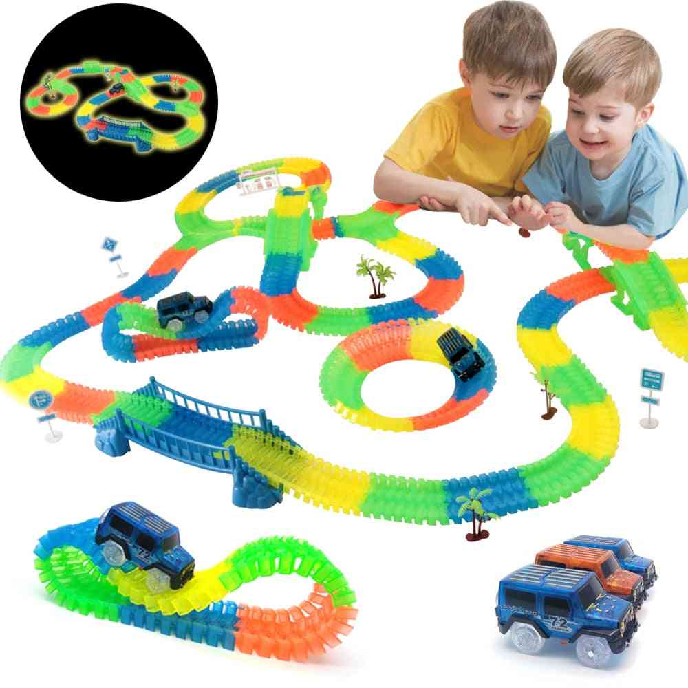 Ferrovia mágica trilha flexível brilhante, crianças correndo trilho de curva, brinquedo de carro com luz de flash eletrônico para presente infantil