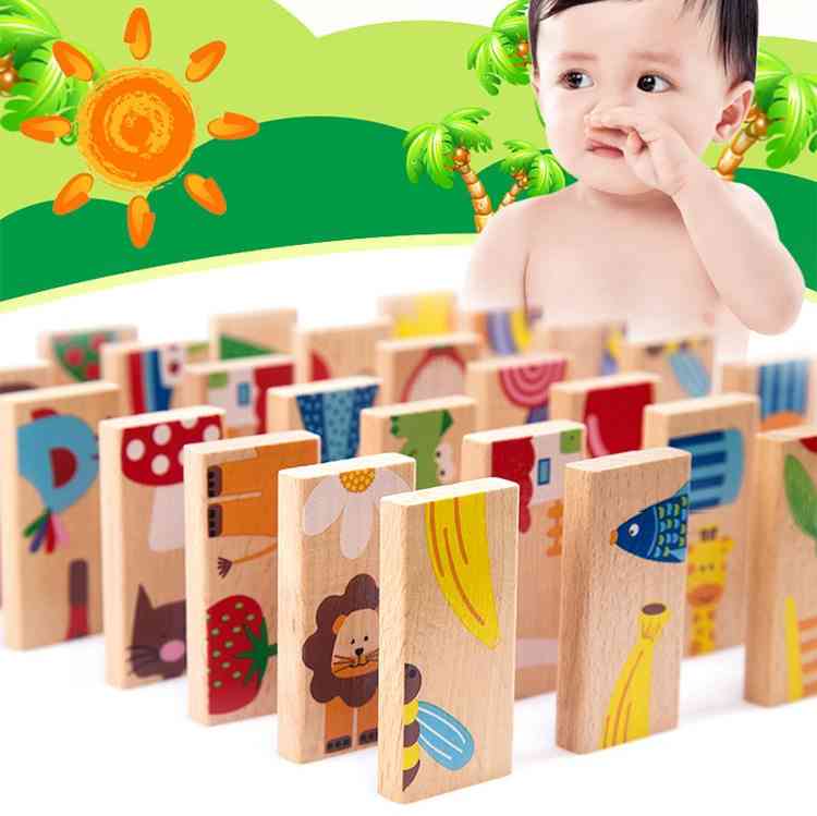 Brinquedos para bebês dominó, faia, papelão, animal, paciência, dominó - blocos de construção de 28 peças, brinquedos educacionais clássicos, presente de aniversário infantil (multicolor)