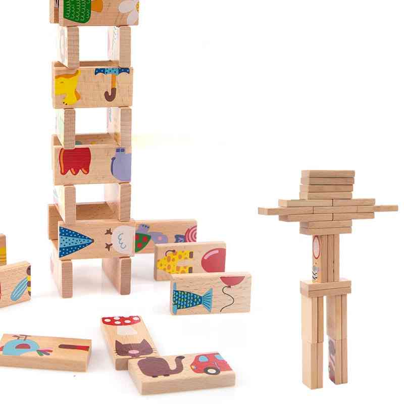 Babyspeelgoed domino beukenhout karton dier solitaire domino- 28 stks bouwstenen, klassiek educatief speelgoed, kind verjaardagscadeau (veelkleurig) -