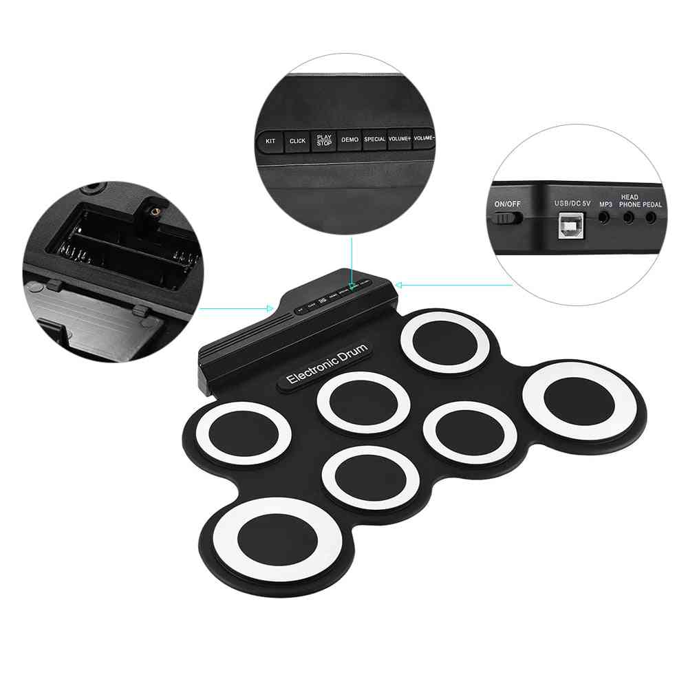 Batterie électronique portable numérique usb 7 pads roll-up drum set avec baguettes de batterie pédale