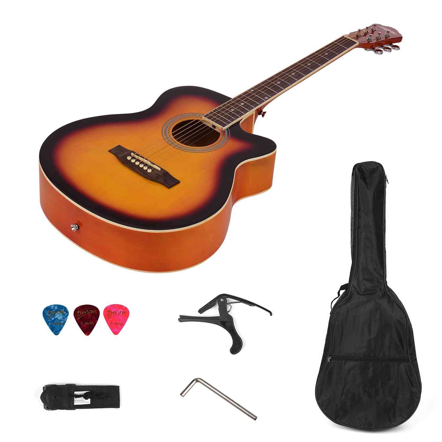 Acoustic Folk Guitar, 6-strings Basswood With Strap Gig Bag, Capo Picks