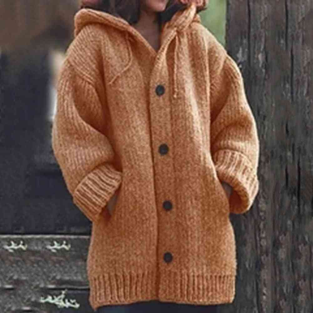 Women Long Cardigan Solid Hooded Sweater Knitting Coat Plus