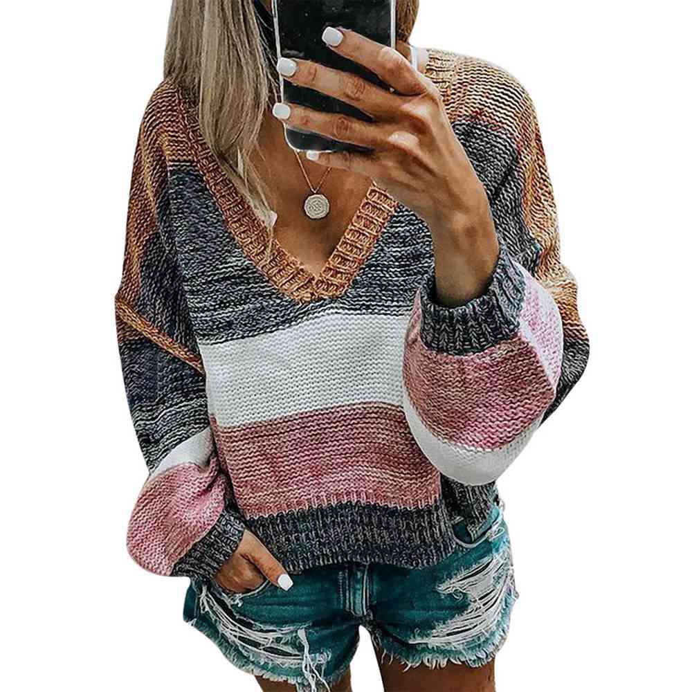 V-neck Women Casual Stripe Sweater- Autumn Loose Tops