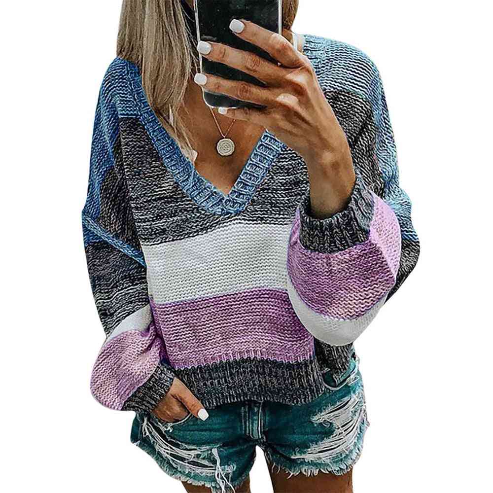 V-neck Women Casual Stripe Sweater- Autumn Loose Tops