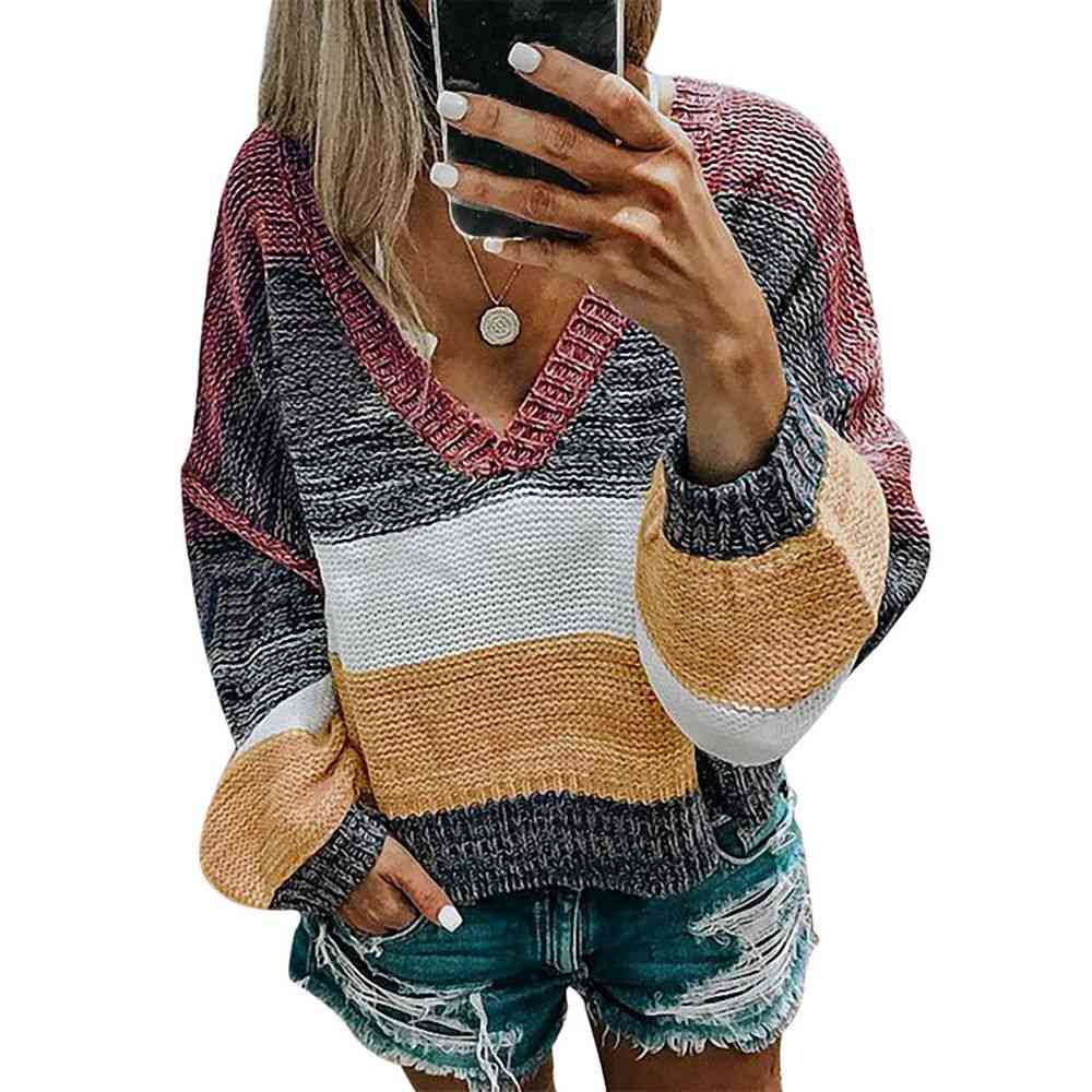 Suéter de rayas casuales con cuello en v para mujer, tops sueltos de otoño