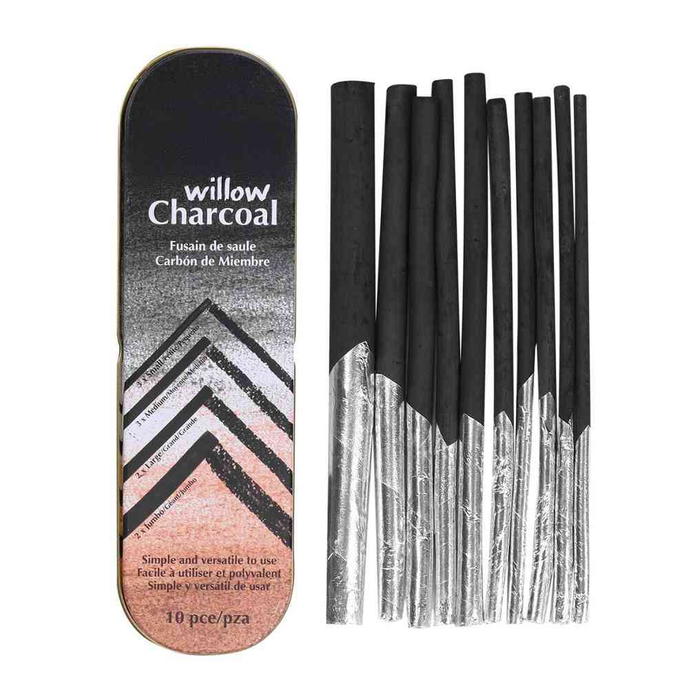 Willow Charcoal Sticks With Tinfoil Tinted Paper & Metal Box