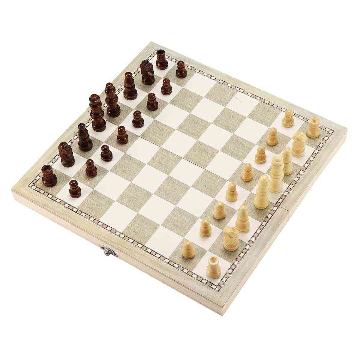 Hopfällbart träschackbrädeset, resespel, backgammon checkers leksak, schackmänunderhållning