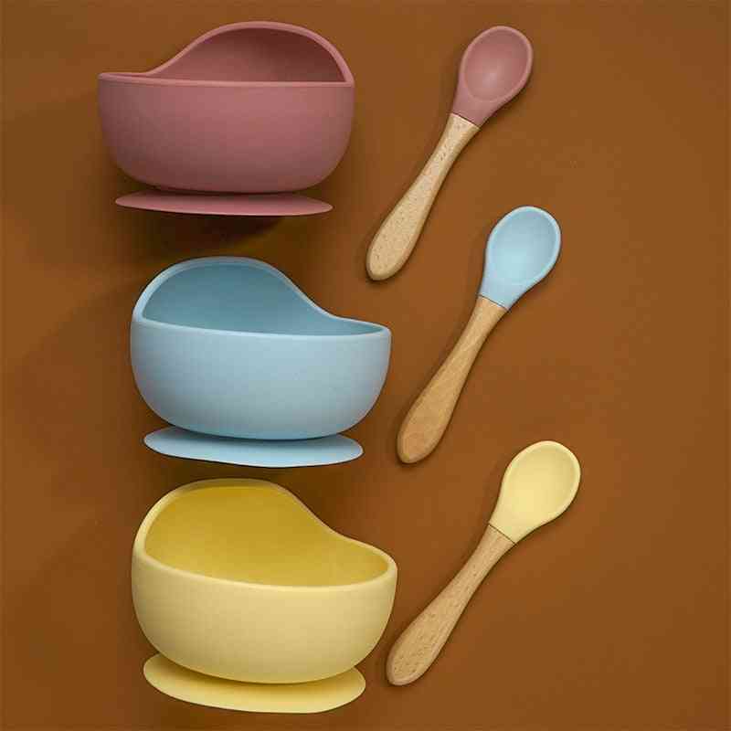 Baby Feeding Silicone Bowl Set, Wood Spoon Non-slip