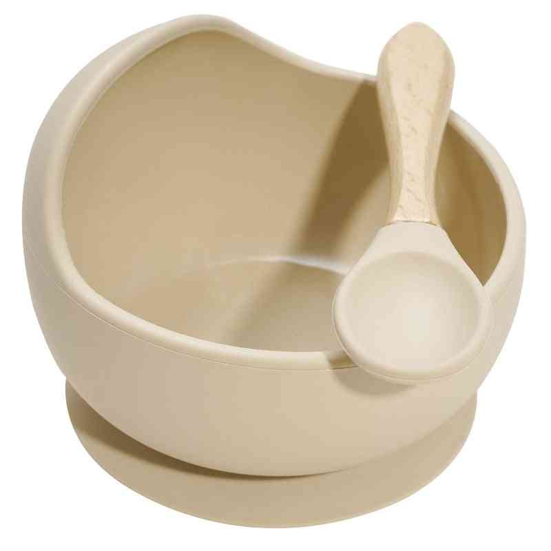 Baby Feeding Silicone Bowl Set, Wood Spoon Non-slip