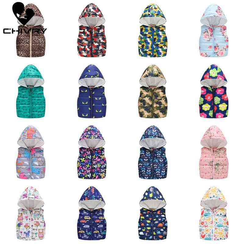 Sleeveless Hooded Wool Vest Jacket With Cartoon Print Coat For Kids, Warm Outwear Clothes