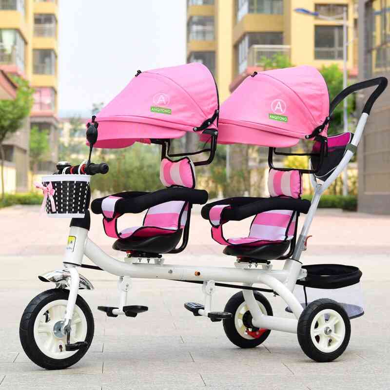 Baby Twin Tricycle, 3 Wheels Double Stroller Guardrail Seat Bicycle Car Pram