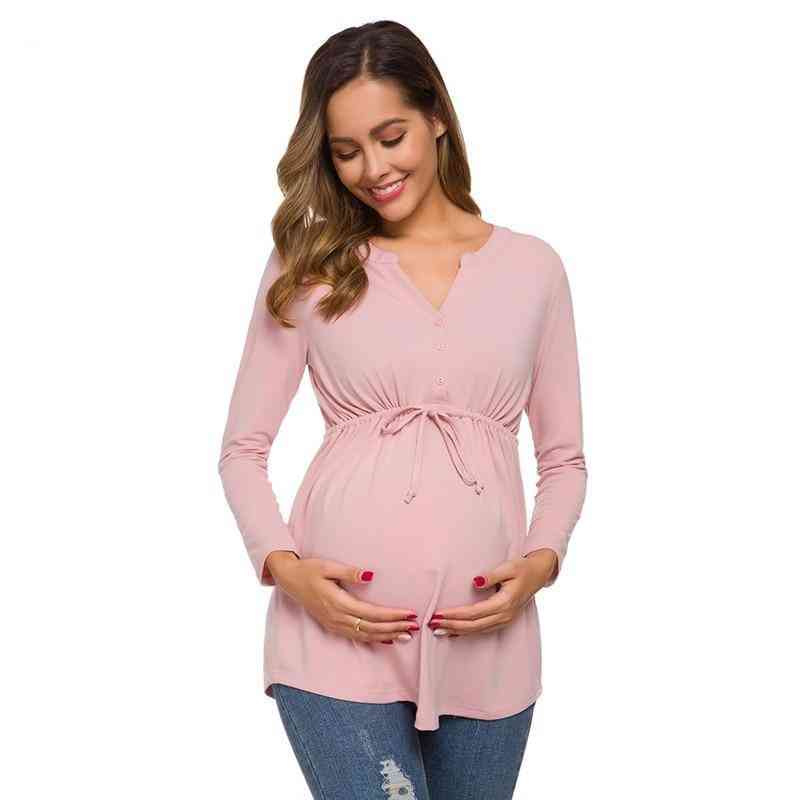 Women's Maternity Tops, Long Sleeve V-neck Peplum Self Tie Pregnancy Blouses Button Down Tunic