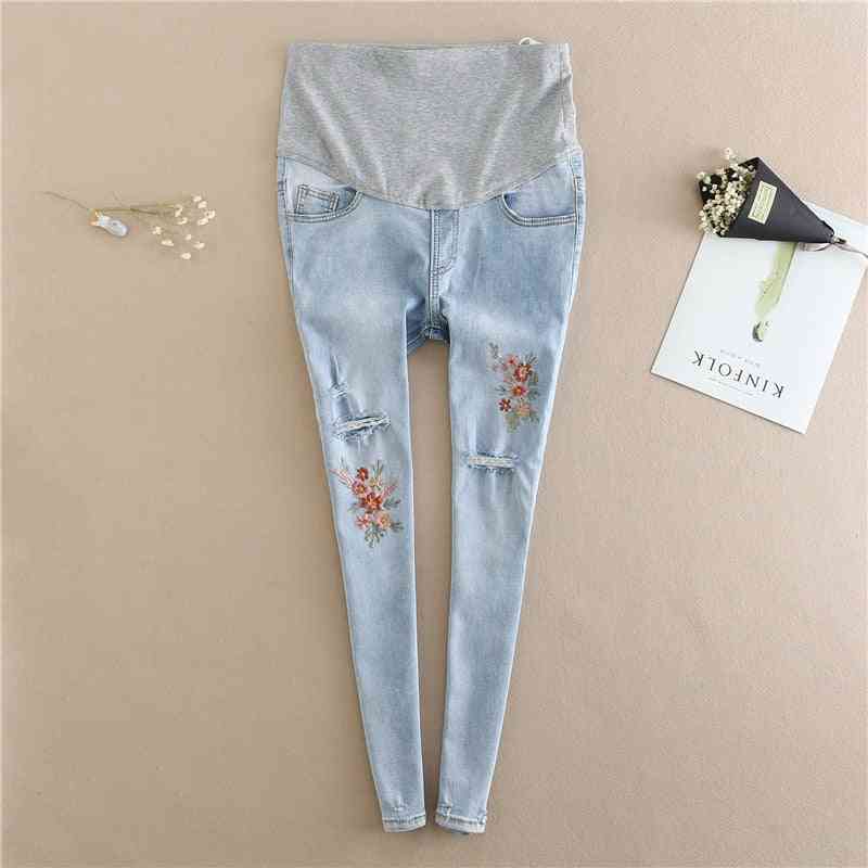 Maternity Jeans Clothes, Embroidery Flower Denim Hole Pencil Pregnancy Trousers