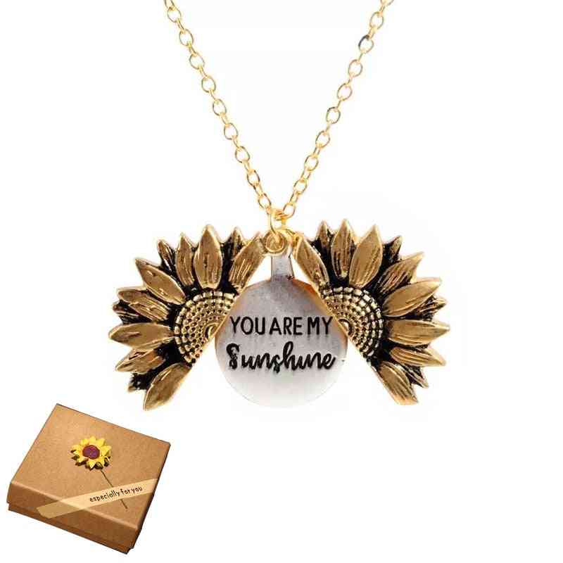 Women Fashion Jewelry, Letter Engraved Open Locket, Sunflower Design Pendant Necklaces