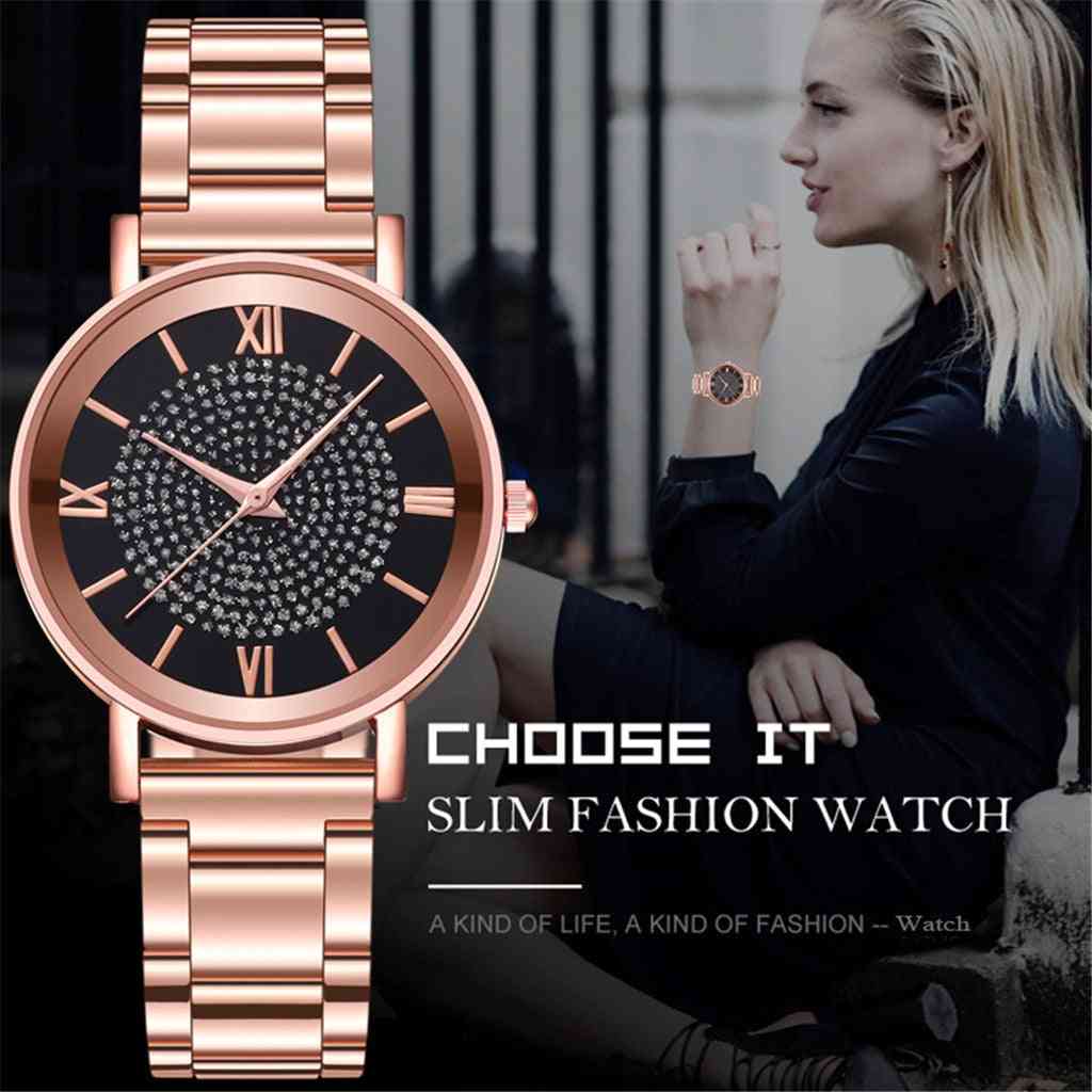 Dámske luxusné kremenné hodinky, náramkové hodinky z nerezovej ocele
