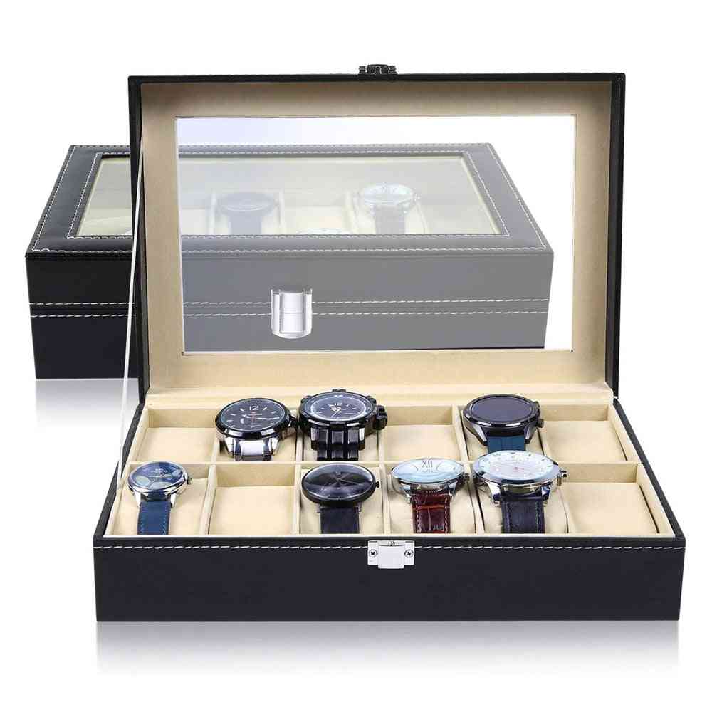 Window Black Leather Watch Box, Case, Professional Holder Organizer