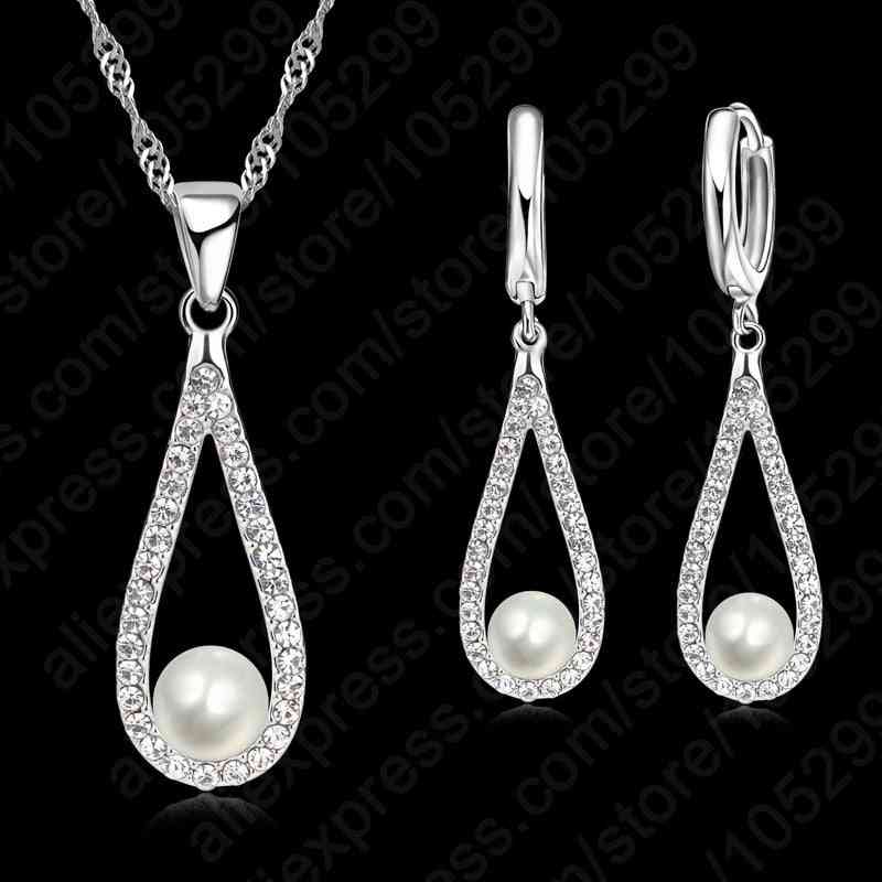 925 Sterling Silver Shiny Cz Crystal Water-drop Pearl Necklaces