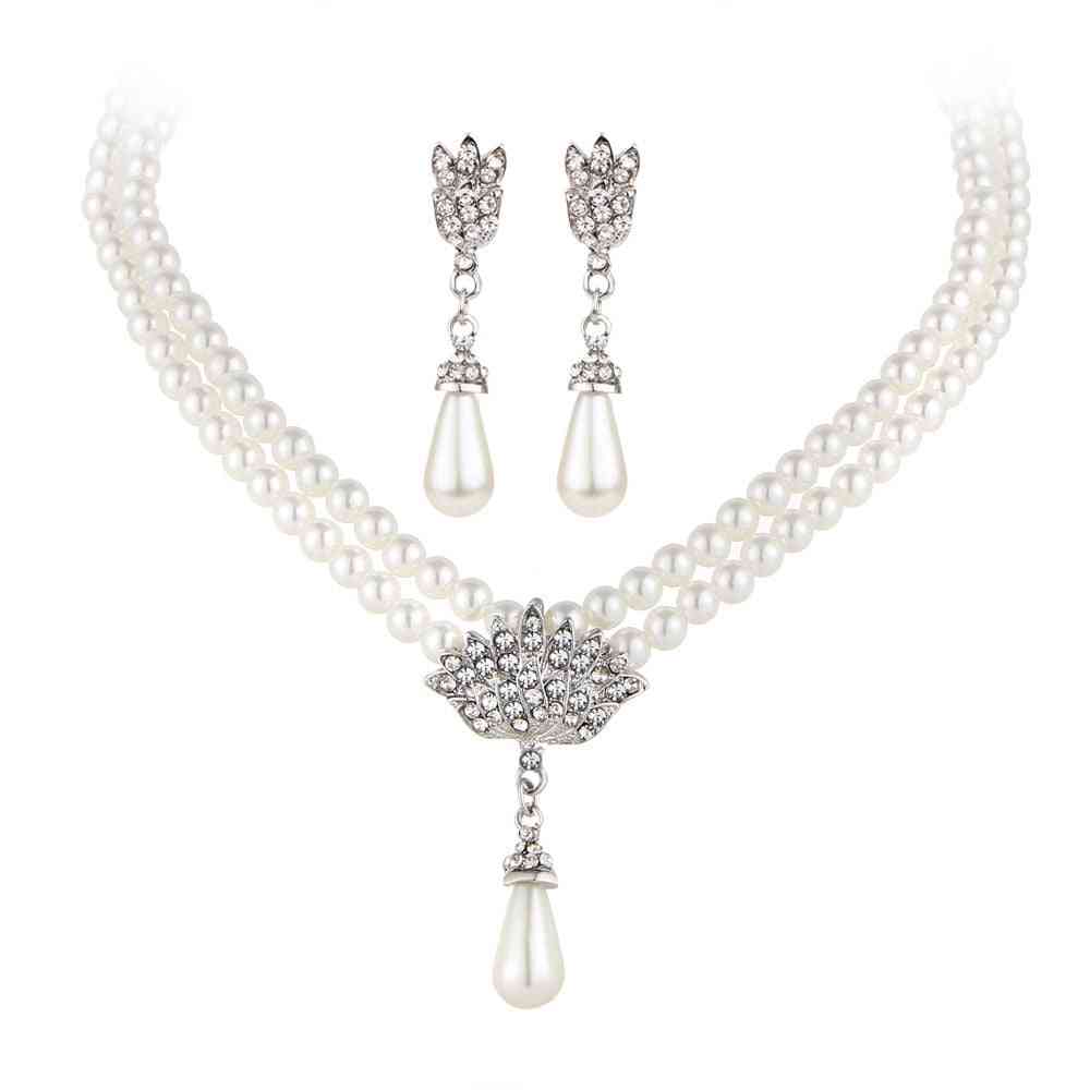 Bride Pearl Crystal With Short Collarbone Neck Necklace Set
