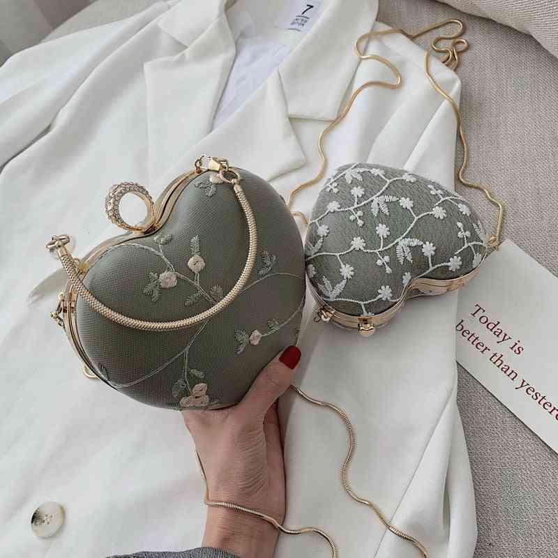 Stickblumen Design Frauen Herz Clutch, Abendtaschen, Goldkette, Schulterhandtaschen, Geldbörsen für Damen