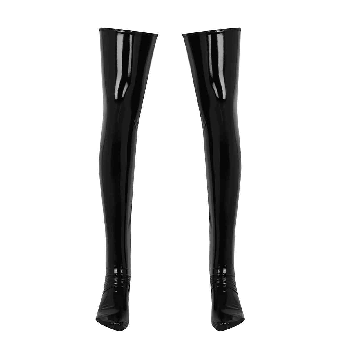 Anti-skid Soft Wetlook Pvc Leather Thigh High Footed Mens Latex Long Sock,