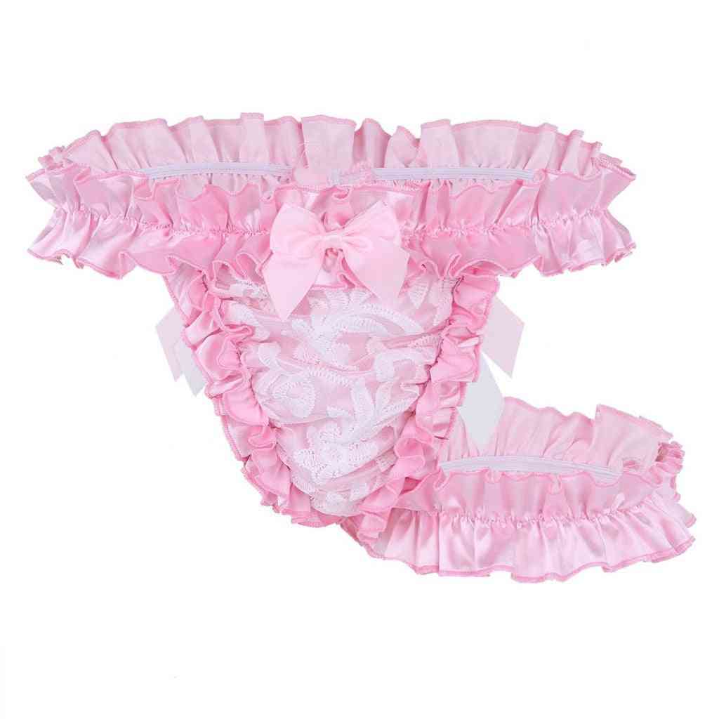 Men's Ruffle Frilly Satin Lace Sissy Maid Briefs Underwear Bowknot Thong
