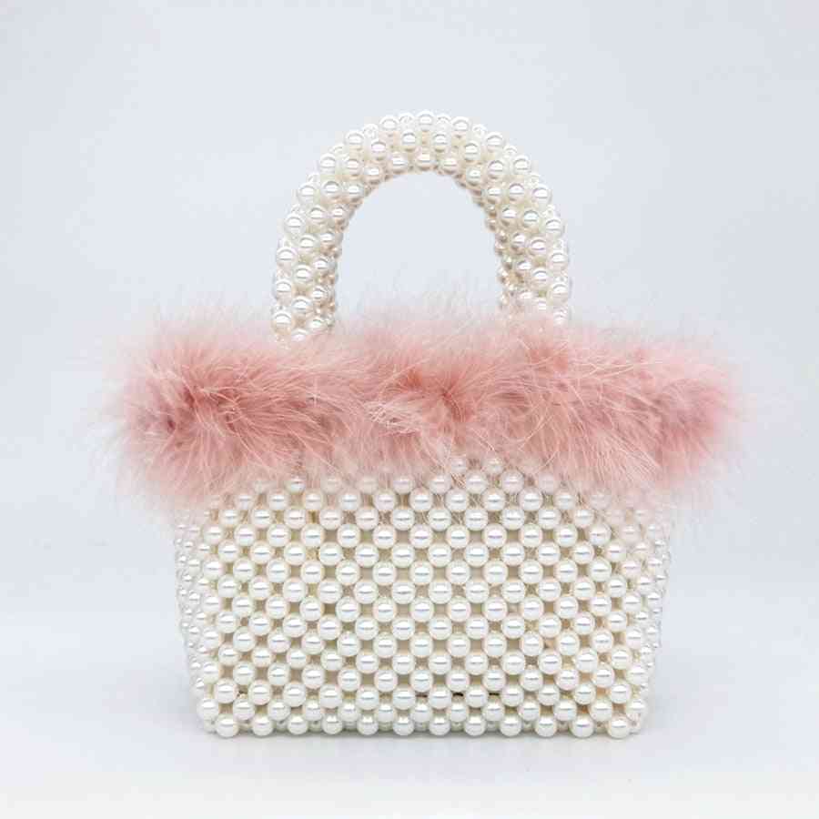 Women Hand Woven Panelled Beaded Tote Purses Faux Fur Pearl Evening Bag