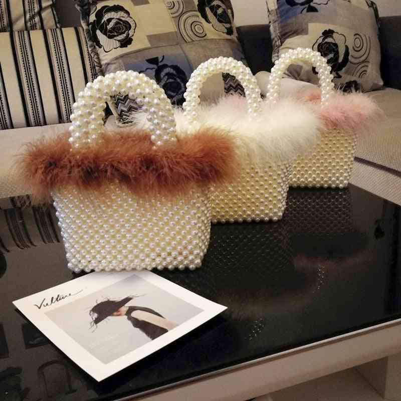 Women Hand Woven Panelled Beaded Tote Purses Faux Fur Pearl Evening Bag