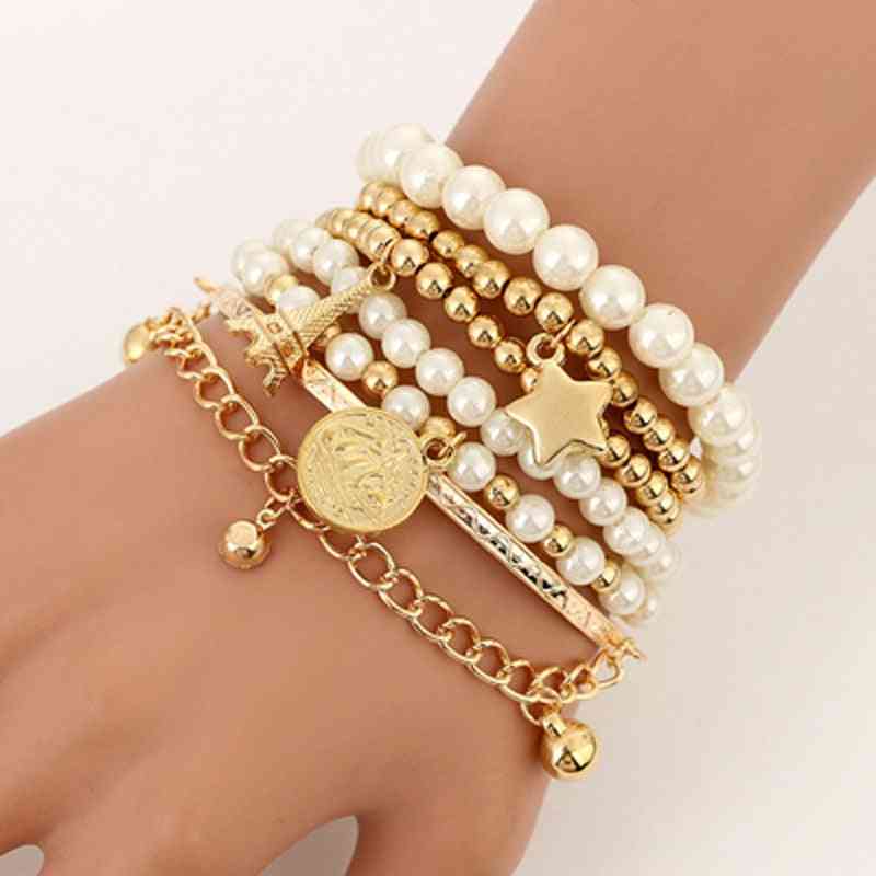 Fashion Beads Pearl Star, Multilayer Beaded, Bracelets Set Jewelry (gold)