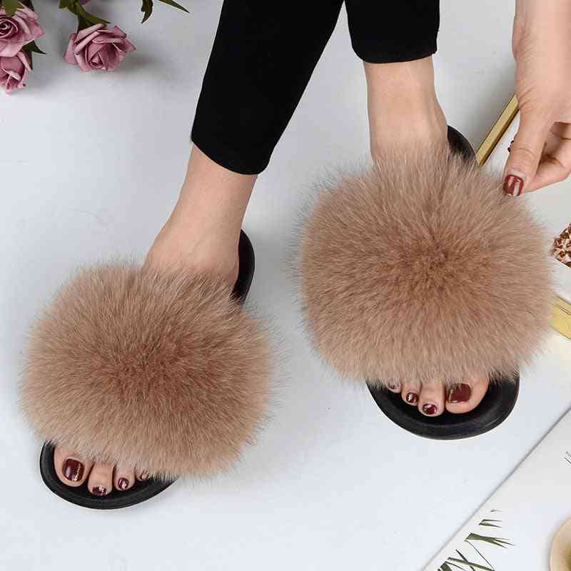 Women Summer Fur Slippers, Flat Non-slip Solid Real Fox Hair Slides Slipper