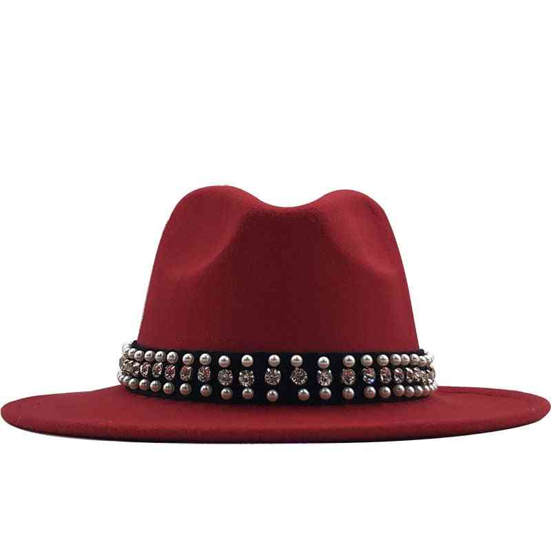 Men Women Wide Brim Wool Felt Fedora Panama Hat With Belt Buckle