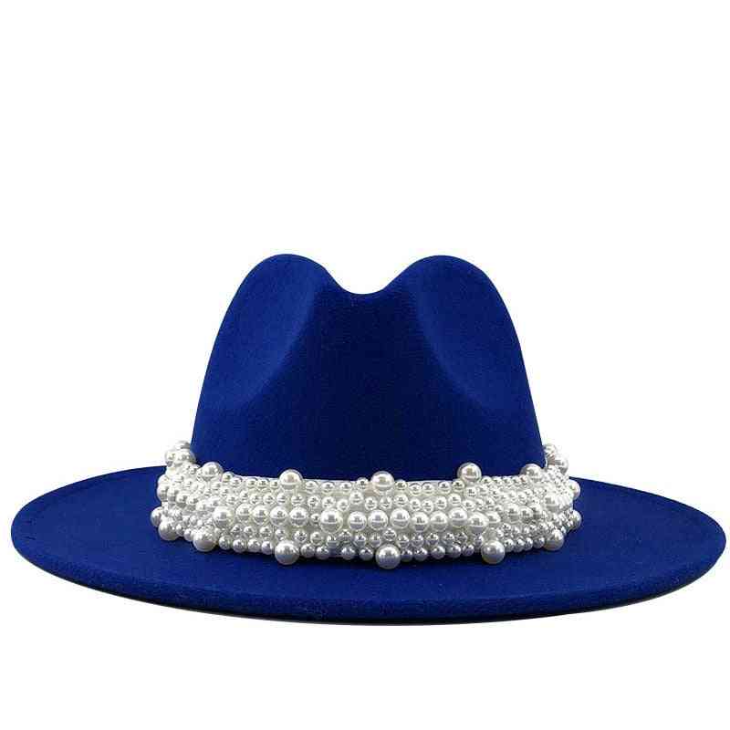 дамска вълнена шапка Fedora с перлена панделка