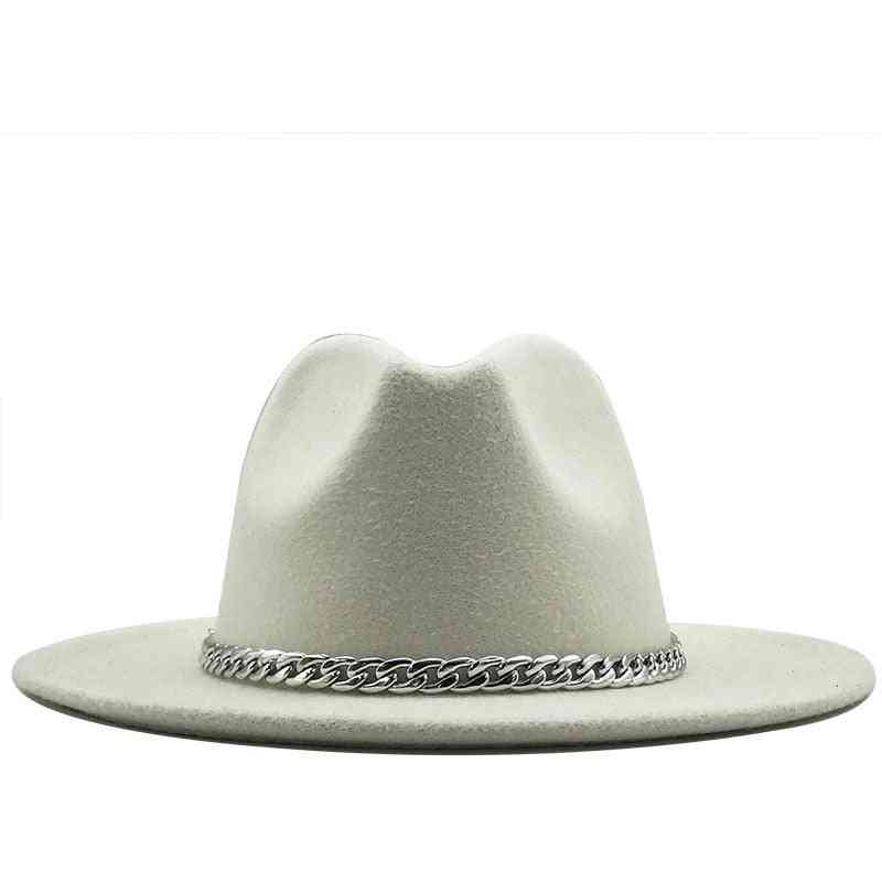 Wide Brim Fedora Hat, Women Men Imitation Wool Felt Cap With Metal Chain