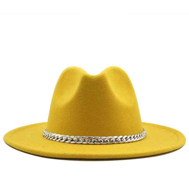 Wide Brim Fedora Hat, Women Men Imitation Wool Felt Cap With Metal Chain